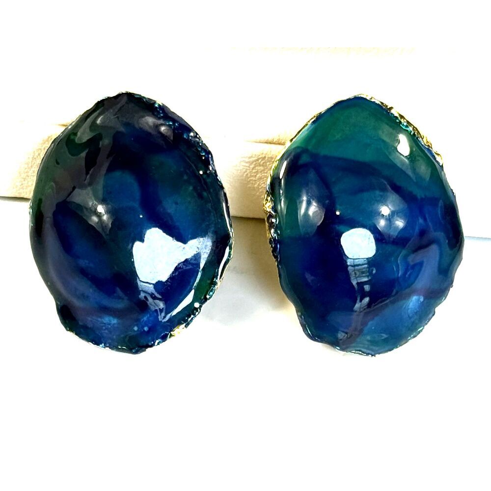 Vintage Gold-Tone Deep Teal & Blue Resin Cabochon Clip-On Earrings